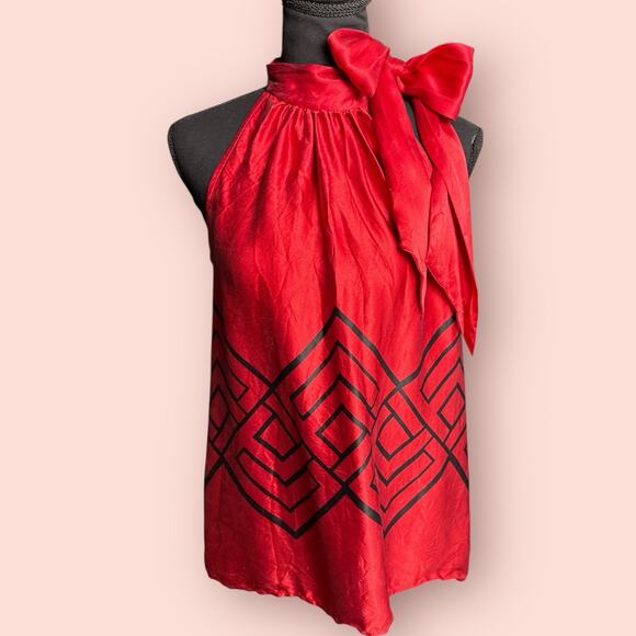 Silk Top Blouse Y2K Sleeveless Halter Red Black Michael Kors 8 Medium Bow Neck - Picture 1 of 5